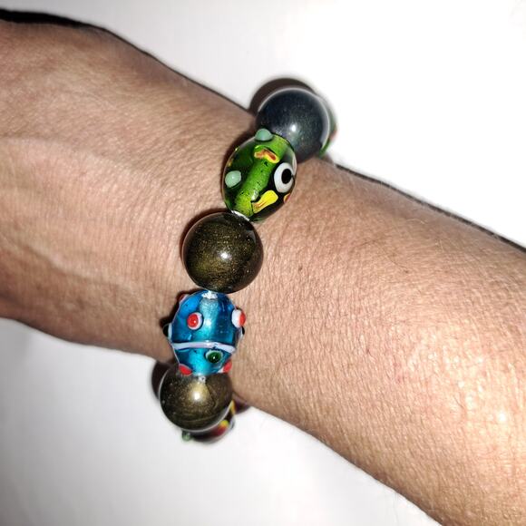Art glass (10) colorful stretch bracelet smaller wrist Snug fit 3" not stretched - Picture 2 of 6
